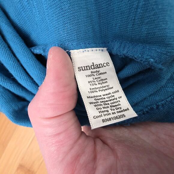 Sundance Long Sleeve Shirt Womens Large Floral Crochet Lace Blue Boho Slub Knit - Picture 6 of 6